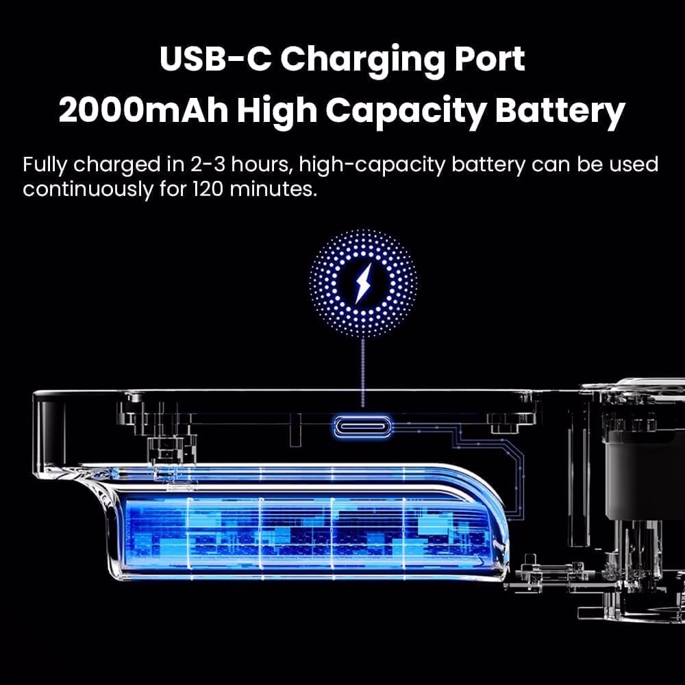 USB-C rechargeable, 2000mAh battery